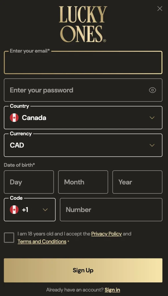 LuckyOnes Casino account registration process