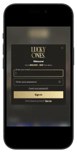 LuckyOnes Casino mobile app login screen