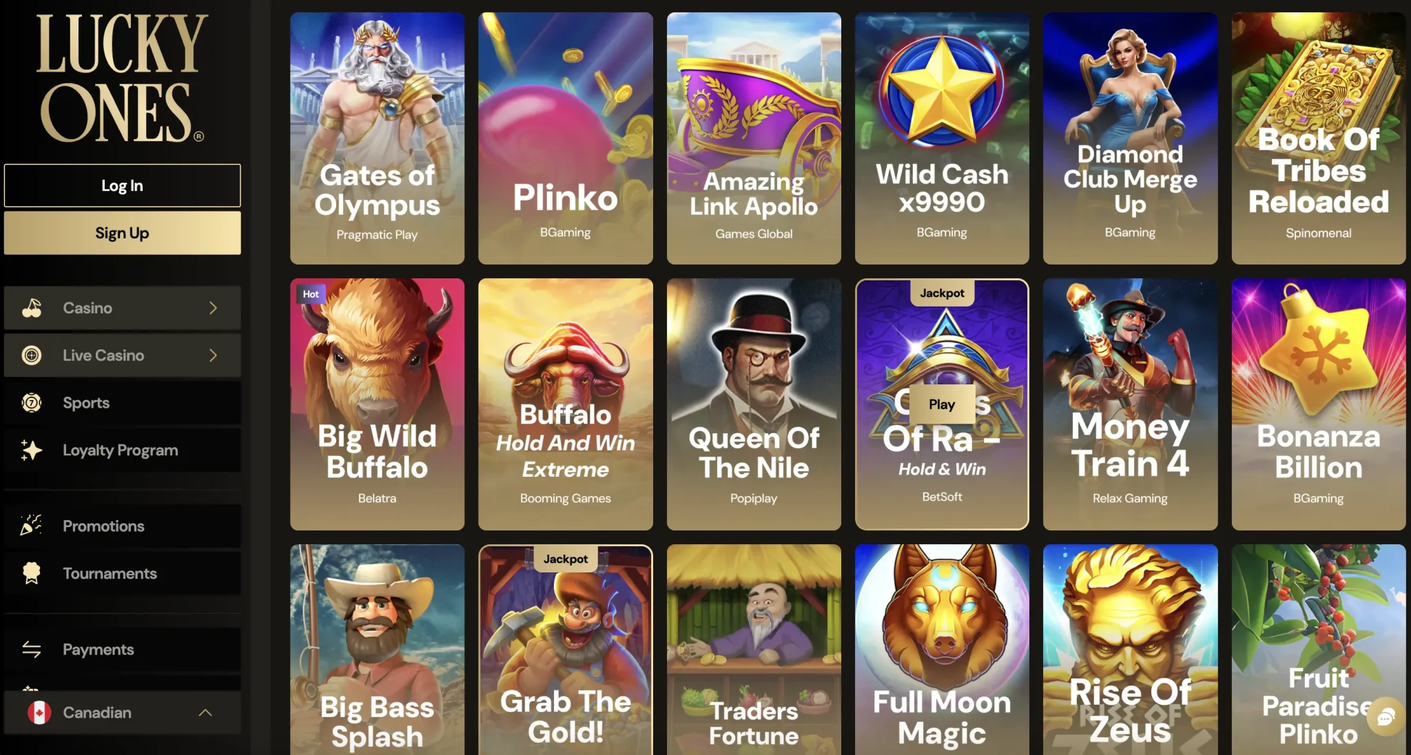 LuckyOnes Casino games selection including slots and table games