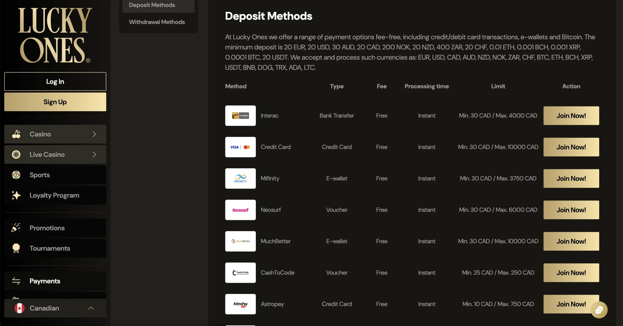 LuckyOnes Casino deposit methods and payment options